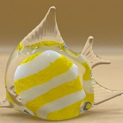 Art Glass Angel Fish Yellow White Tropical Paperweight Handcrafted For SILVESTRI