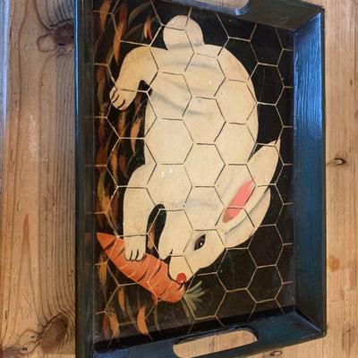 Wood Painted Antique Bunny Tray