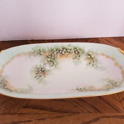 ELONGATED Hand Painted FLORAL Green/White Bowl :: Marked BAVARIA 