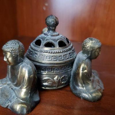 UNIQUE BOHO Three Buddha Metal Stupa Brass Incense Burner 