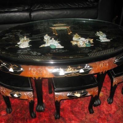Asian oval tea table with under storage stools                           
                 buy it now $ 295.00