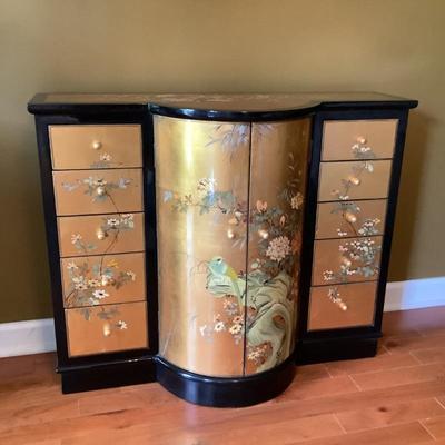 $499 Asian credenza curved front, 2 door, 10 drawer, black lacquer 33â€H 40â€W 16â€ depth