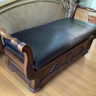 $50 leather and wood storage bench with wear on top 55â€L 19â€depth 26â€H 