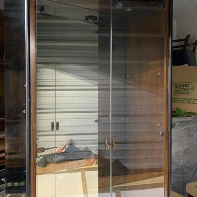 $125 black & brown teak curio/display/China cabinet 3 glass shelves, 2 doors 81â€H 32â€W 15â€depth 