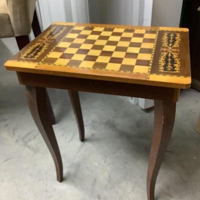 Checker board table with game storage inside- wooden 17â€H 15â€ x 11â€ 