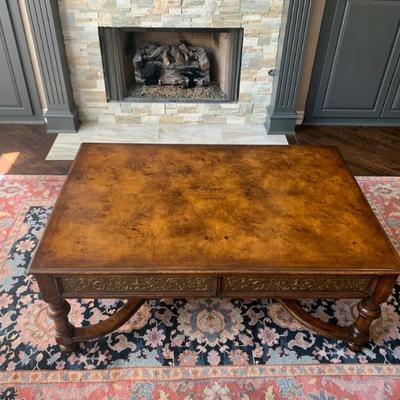 Decorative Burlwood Top Coffee Table With A Drawer on Each End