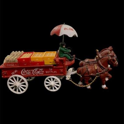 Cast Iron Coca-Cola Delivery Wagon with Driver, 2 Horses, Bottles, Crates