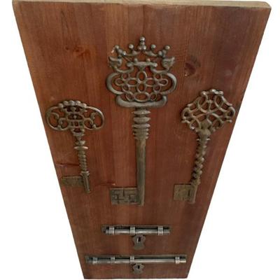 Vintage Wood Metal Key Door Latch Wall Art Decor