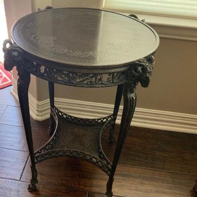 Beautiful Early 19th Century Neoclassical Bronze Gueridon Table with rams head on top of each leg.  Support Shelf with Railing Detail at...