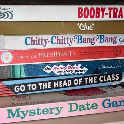 Vintage boardgames-Chitty-Chitty Bang Bang, Mystery Date, Booby-Trap, Go to the Head of the Class, Nancy Drew, Meet the Presidents