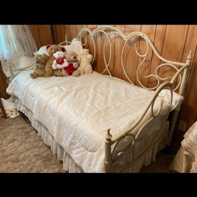 White â€¢ Iron â€¢ Trundle Bed â€¢ $195 (includes mattresses,  eyelet comforters,  and pillows)