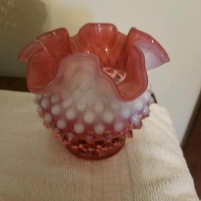 Fenton cranberry opalescent hobnail dbl crimped vase