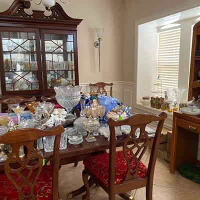 Formal Dining Room with Table, Chairs, Hutch, Crystal Bowls and Entertaining items