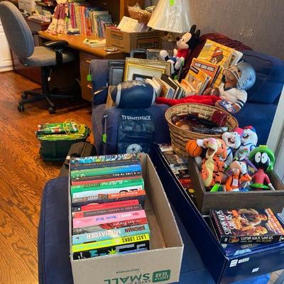 Huge Assortment of Grandchildren toys and more from Vintage to Modern including Disney Characters and 6 Linear feet of books