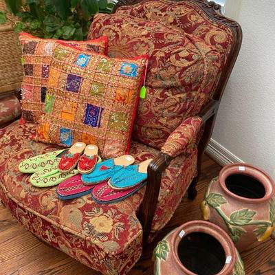 Hand Carved Side Chair with Red Tapestry Fabric