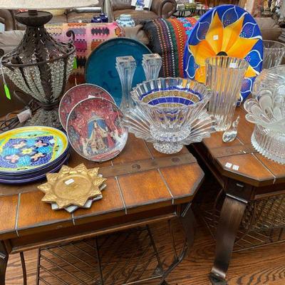 Nice matching Western Style End Tables full of Mexican Pottery and more