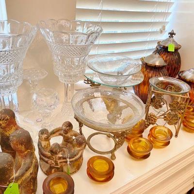 Large Crystal Candle Holders and a set of Amber Glass Canisters