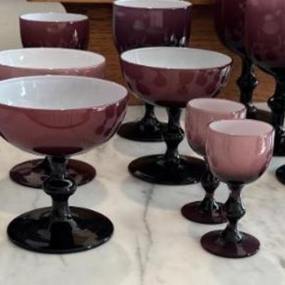 vintage 1960s Carlo Moretti Italian hand blown glassware in deep purple with white interior