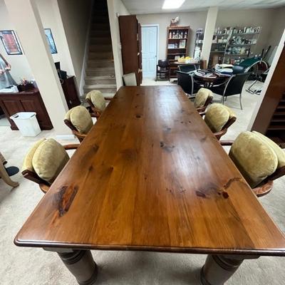 Custom 9â€™ long EDDY WEST dining table with 6 leather chairs 