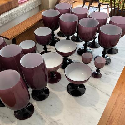 vintage 1960s Carlo Moretti Italian hand blown glassware in deep purple with white interior