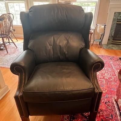 (Same chair)  
Hancock & Moore deep blue leather recliner with nailhead trim 