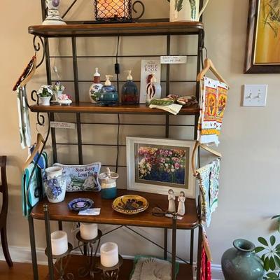 Kitchen towels, framed art, glazed pottery, assorted decor
