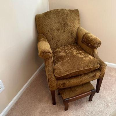 Vintage upholstered casual chair with matching step stool