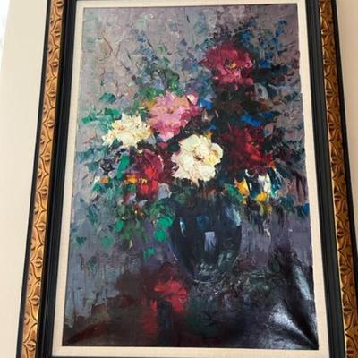oil painting with jewel tone florals in ornate frame (~4 ft tall)