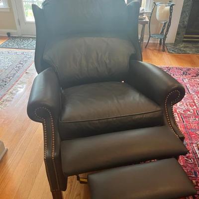 Hancock & Moore deep blue leather recliner with nailhead trim 