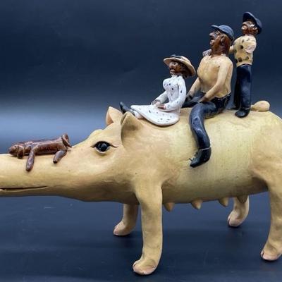 NC Pottery by Chuck Miller: Family Riding Razorback Hog Figurine