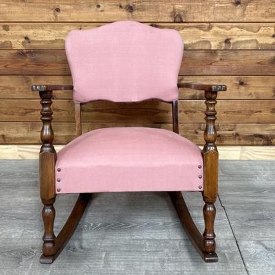 Vtg. Wood Rocker w/ Pink Upholstered Back & Seat