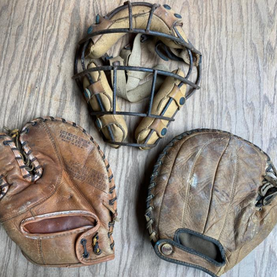 Vintage Baseball Gloves and Catcherâ€™s Mask