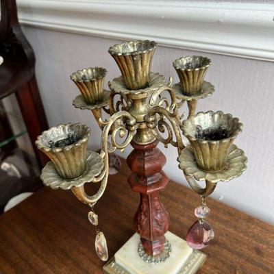 Four Arm Cast Brass Standing Candelabra With Dangling CrystalsÂ 