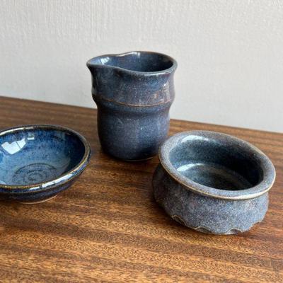 Trio Of Blue Glazed Studio PotteryÂ 