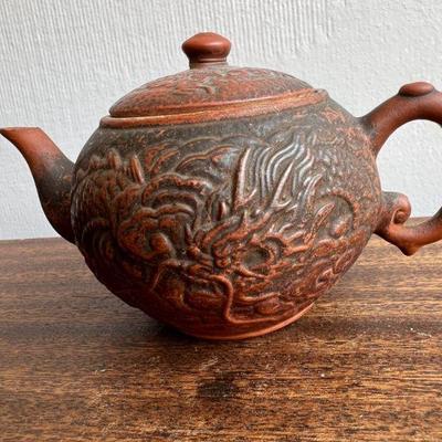 Antique Chinese Yixing Purple Clay Teapot With Dragon & Feng-Huang DesignÂ 