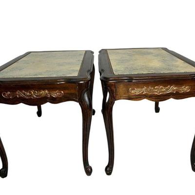 Pair Of French Provincial Style Faux Marble Top End TablesÂ 