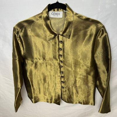 Ozbek Made In Italy Gold-green Taffeta Button Up Blouse, Size 6Â 