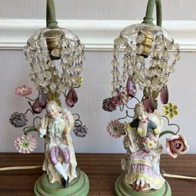 Pair Of Porcelain Figural Lamps With Hanging CrystalsÂ - UPDATE GLASS ON LADY LAMP BROKE