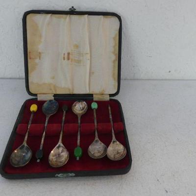 Antique 1910-1920 Viners of Sheffield EPNS Set of 6 Demitasse Spoons with Various Colored Coffee Bean Detail