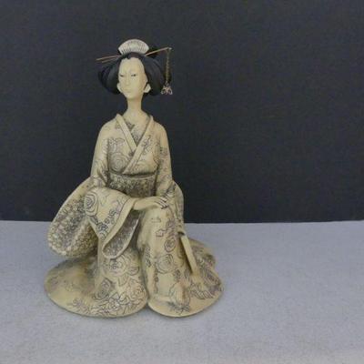 Vintage Hollow Resin Ivory/Black Ornately Carved/Painted Geisha Figurine - 9