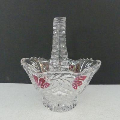 Vintage 1960s (Possibly) Anna Hutte Bleikristal Lead Crystal Basket with Flashed Red Flowers
