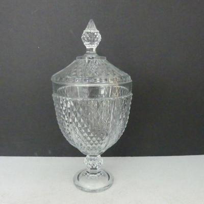 Vintage Pasabahce Turkey Glass Diamond Cut Clear Large Covered Urn/Jar - 13