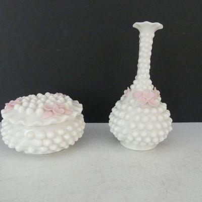 Vintage Ardalt Japan Hobnail Bud Vase & Trinket Bowl with Pink Flowers
