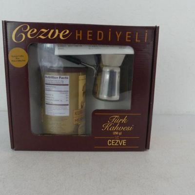 Turkish Coffee Set - 8.8 Oz. Mehmet Efendi Turkish Coffee with Stainless Steel Cezve (Turkish Coffee Pot) - In Box