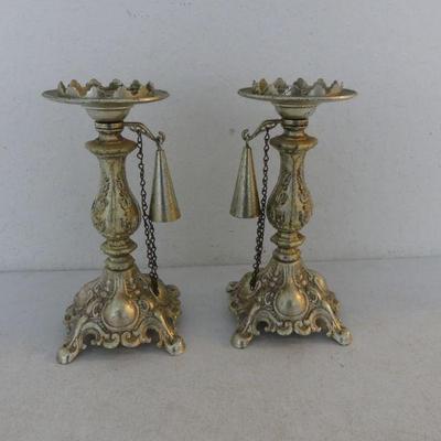 Vintage Pair of Louis XIV Style Metal Candle Holders with Attached Snuffers