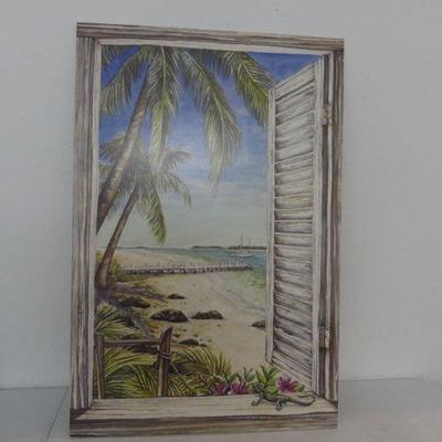 Signed Beach Through a Shuttered Window Scene Lithograph on Wood Wall Decor - 22