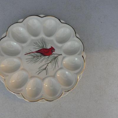 Vintage Porcelain Cardinal Perched on Pine Branch Double Scallop Gold Trim Egg Tray