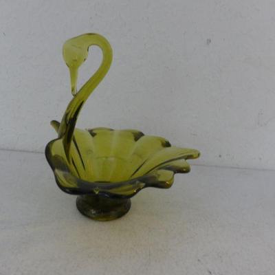 Vintage Unusual Amber Green Swan Candy Dish
