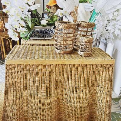 $995 WICKER DRAPER SCALLOPED CONSOLE $995 ~ THREE AVAILABLE 