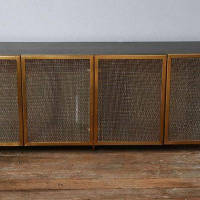 Grey CB2 Trace Mesh Wire Credenza Designed by VUUE
Wire-brushed oak veneer frame with grey painted finish
Steel base and wire mesh doors...